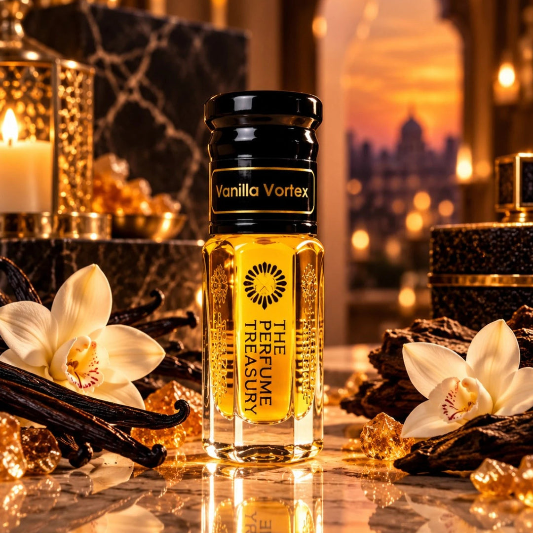 Vanilla Vortex perfume oil displayed with vanilla pods, vanilla flowers, amber crystals and warm luxury décor