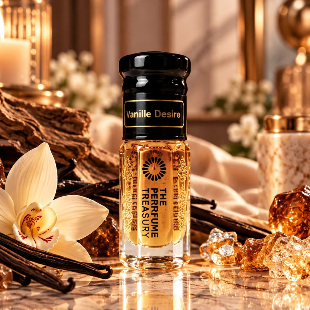 Vanille Desire perfume oil displayed with vanilla pods, vanilla flower, amber crystals and warm luxury décor