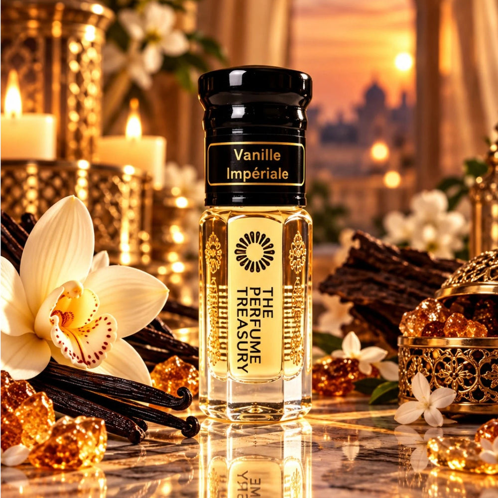 Vanille Impériale perfume oil by The Perfume Treasury displayed with vanilla pods, vanilla flowers, amber crystals and warm luxury décor