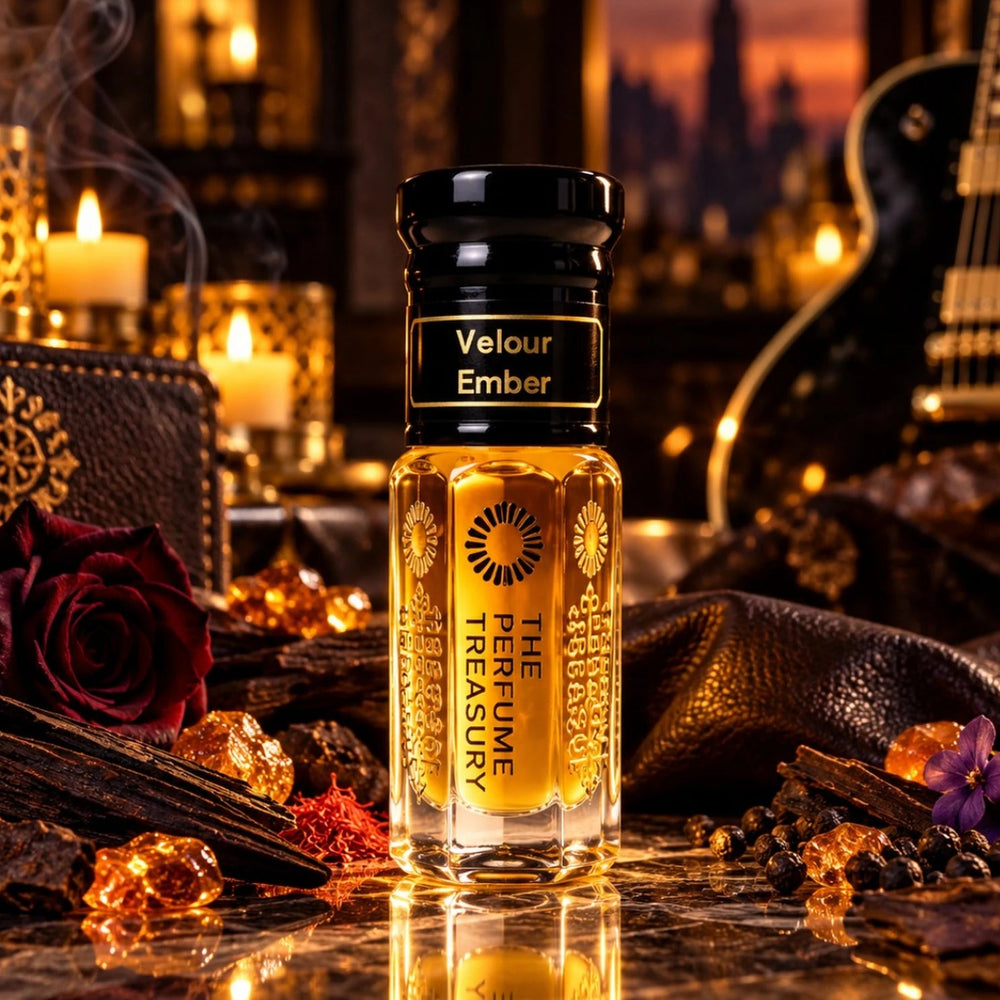 Velour Ember perfume oil by The Perfume Treasury displayed with dark rose, woods, spices and warm luxury décor