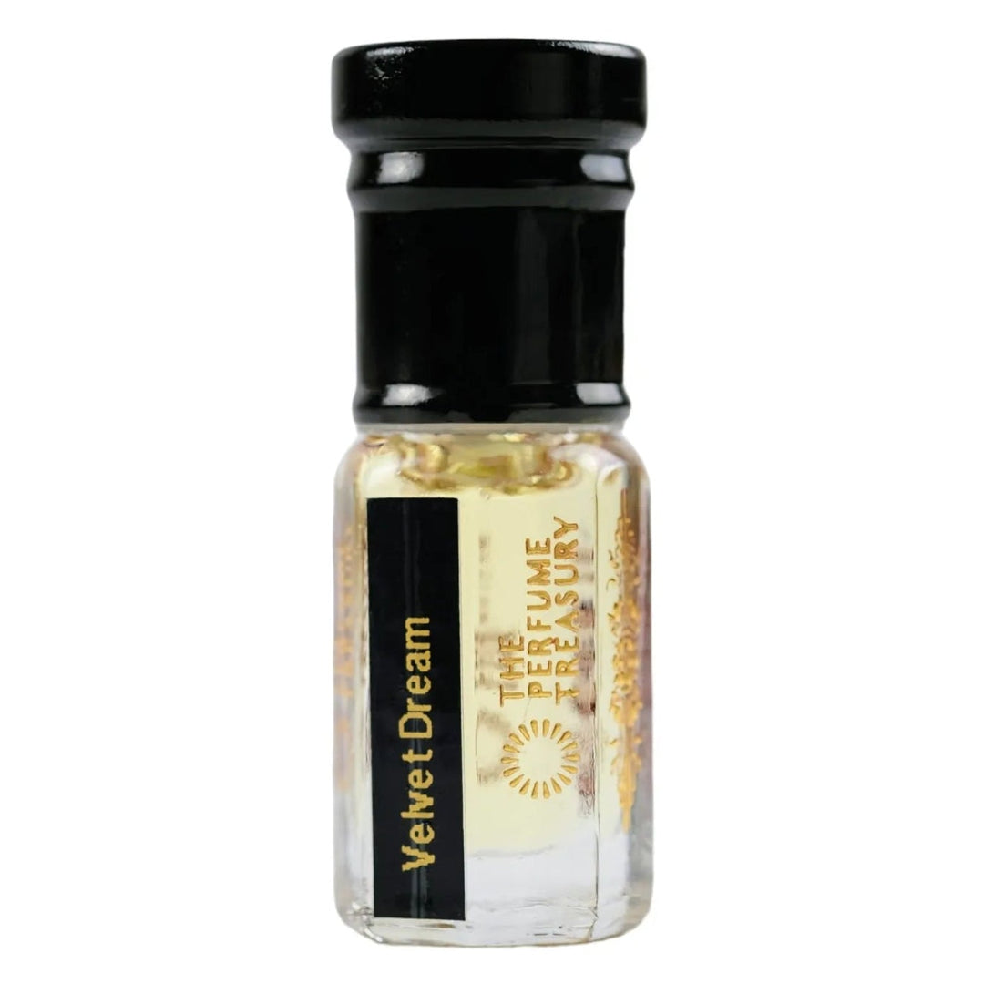 Velvet Dream 3ml attar perfume oil bottle by The Perfume Treasury with soft pale fragrance oil, clear glass bottle with black cap on white background.