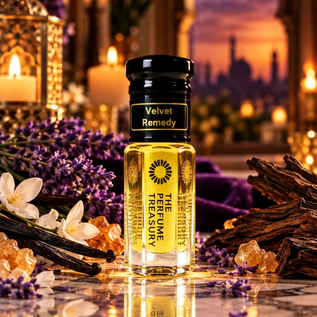 Velvet Remedy perfume oil by The Perfume Treasury displayed with lavender, vanilla, woods, amber crystals and warm luxury décor