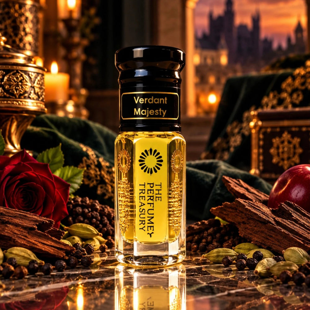 Verdant Majesty perfume oil by The Perfume Treasury displayed with red rose, woods, cardamom, pepper and warm luxury décor