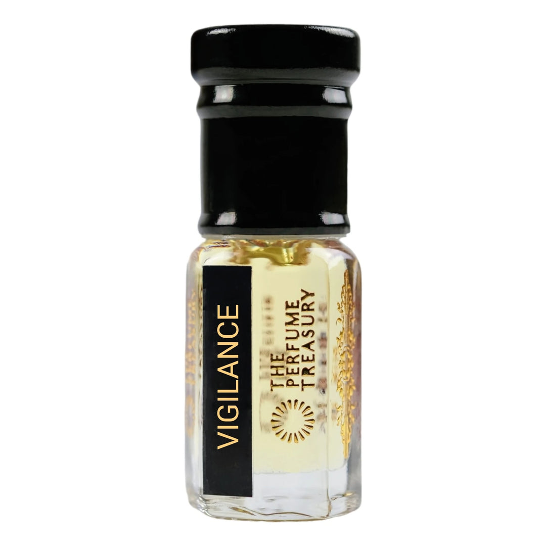 Vigilance perfume oil by The Perfume Treasury in a clear glass bottle with black and gold label