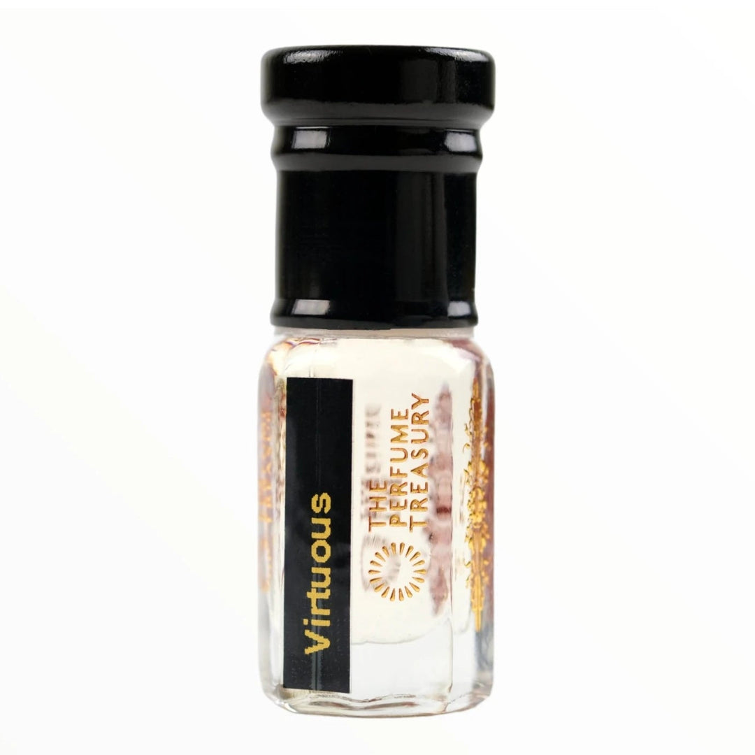 Virtuous attar perfume oil 3ml by The Perfume Treasury in clear glass bottle with light golden fragrance oil on white background.