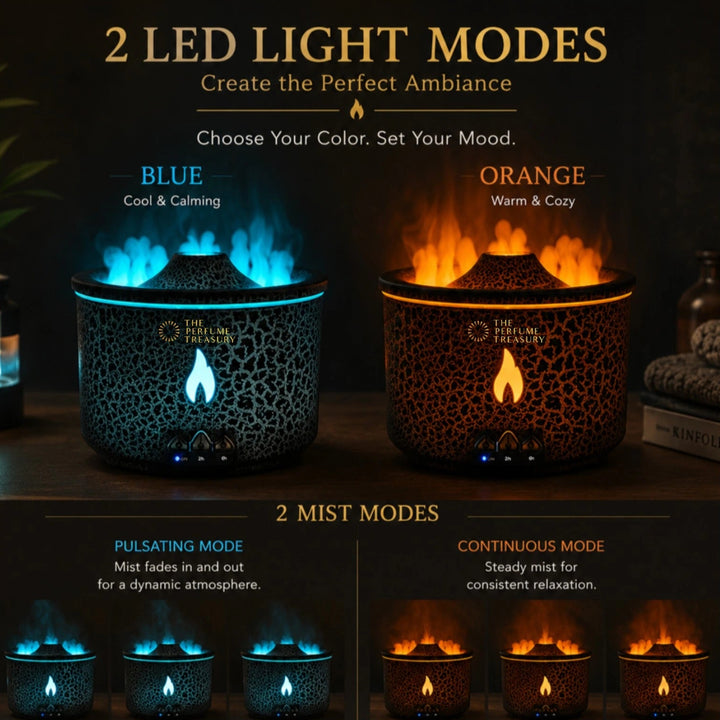 Volcano aroma diffuser displaying blue and orange LED flame effects with pulsating and continuous mist modes for customizable aromatherapy and home ambiance.