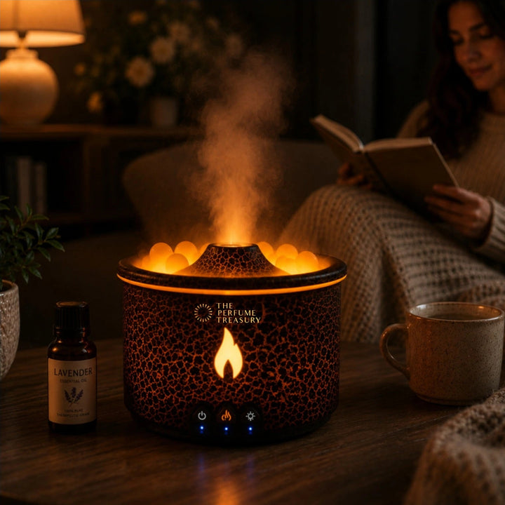 Relaxing lifestyle photograph of a volcano ultrasonic aroma diffuser with warm orange flame mist effect on a coffee table beside a mug and lavender oil while a woman reads in a softly lit room.