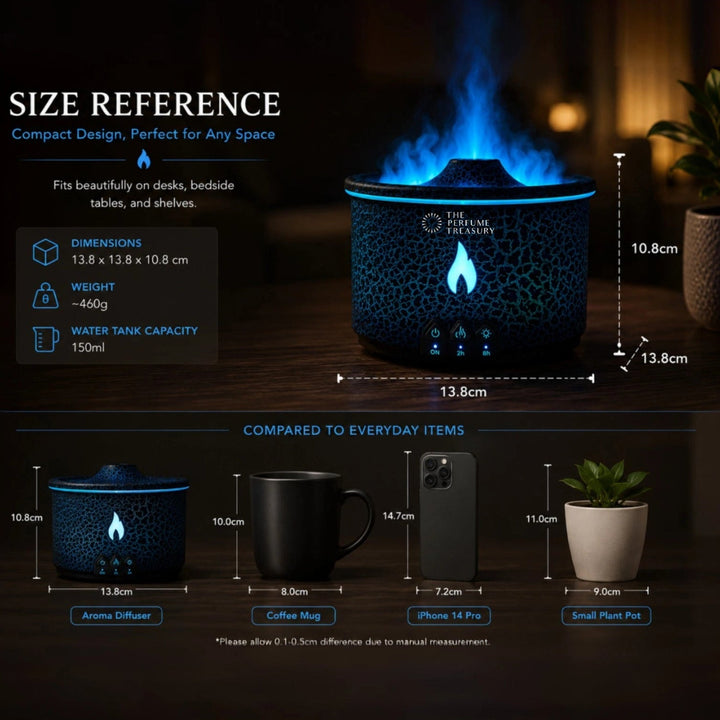 Size reference guide for volcano ultrasonic aroma diffuser showing dimensions, water tank capacity and comparisons with everyday items including coffee mug, smartphone and plant pot.