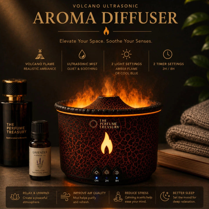 Luxury volcano ultrasonic aroma diffuser with realistic flame mist effect, dual LED light modes, ultrasonic aromatherapy technology and relaxing ambient home decor setting.