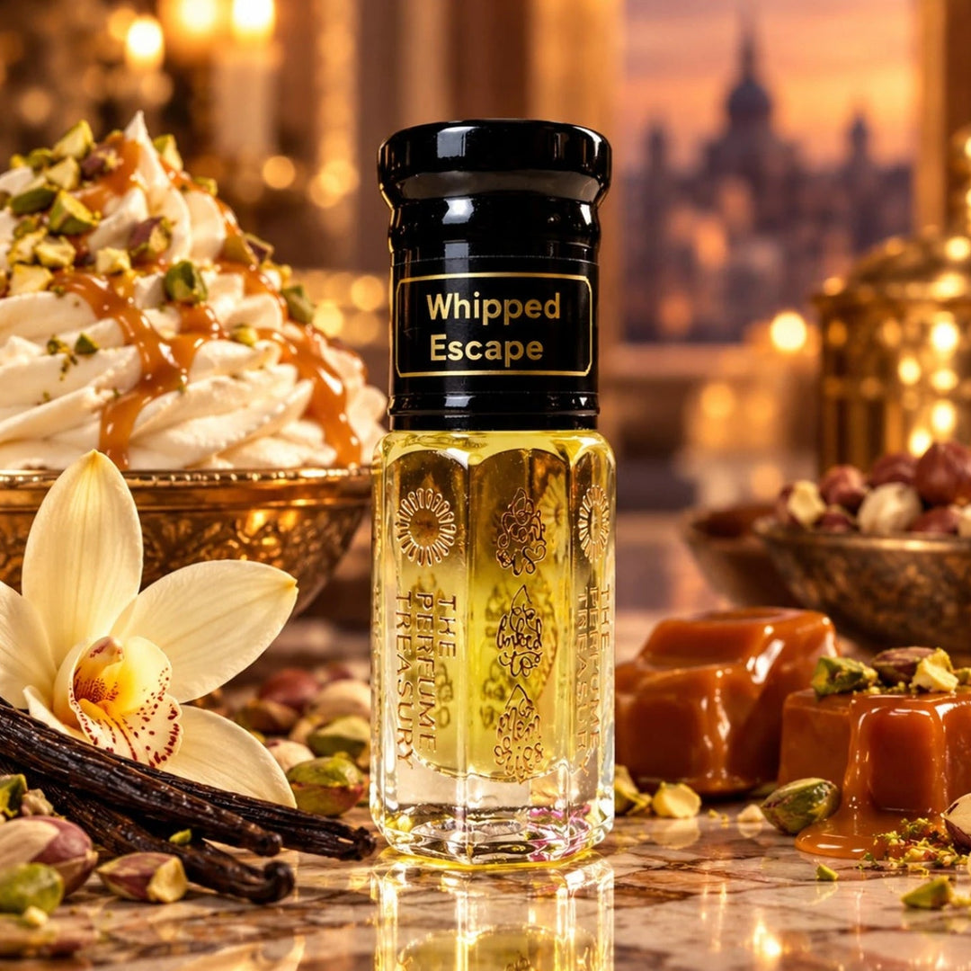 Whipped Escape perfume oil by The Perfume Treasury displayed with vanilla, whipped cream, caramel and pistachios in a warm luxury setting