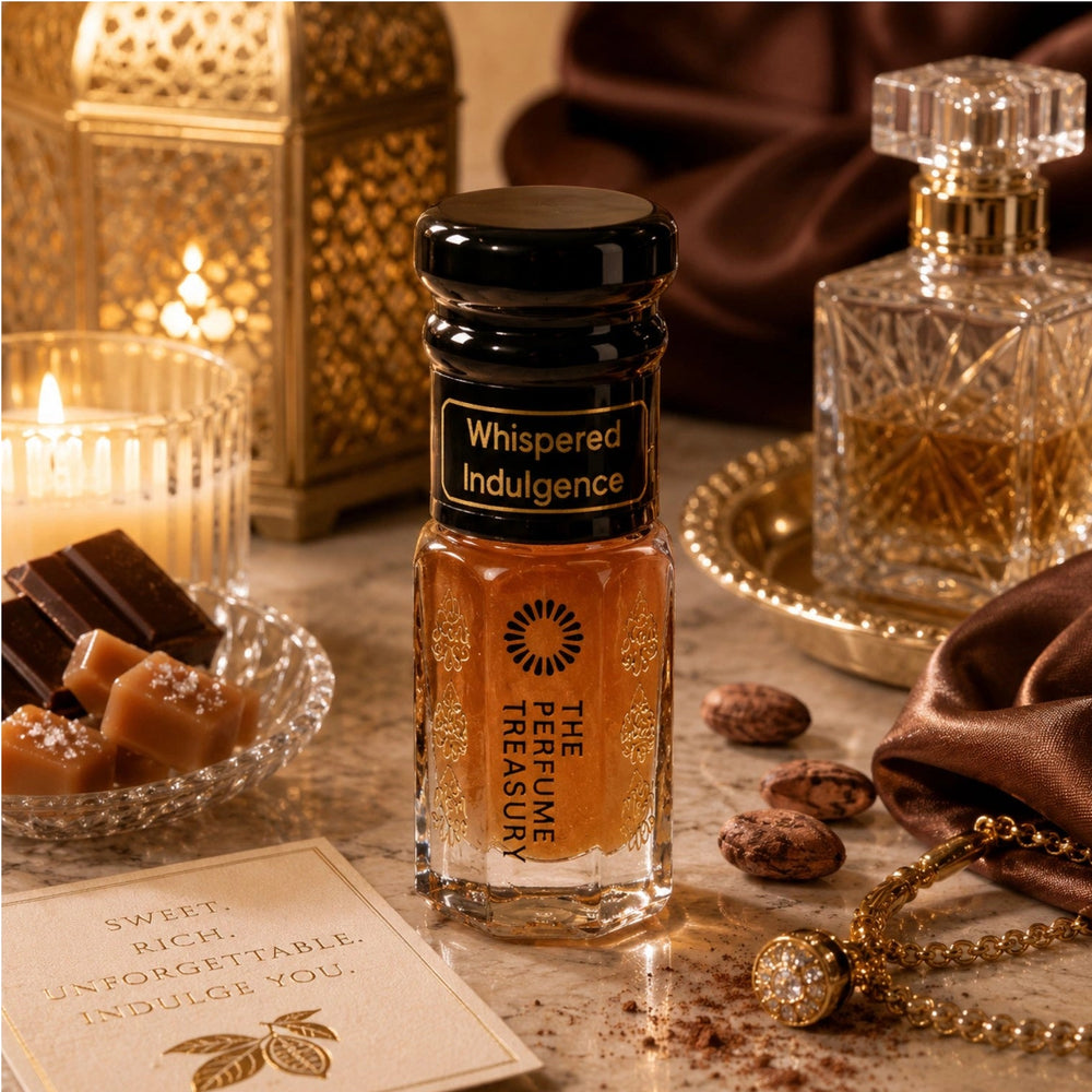 Whispered Indulgence Musk Tahara perfume oil hero lifestyle image featuring a luxurious gourmand body musk fragrance oil surrounded by caramel cubes, dark chocolate, cacao beans and elegant gold accents, showcasing rich caramel, chocolate, creamy vanilla and white musk notes in a long-lasting alcohol-free perfume oil by The Perfume Treasury.