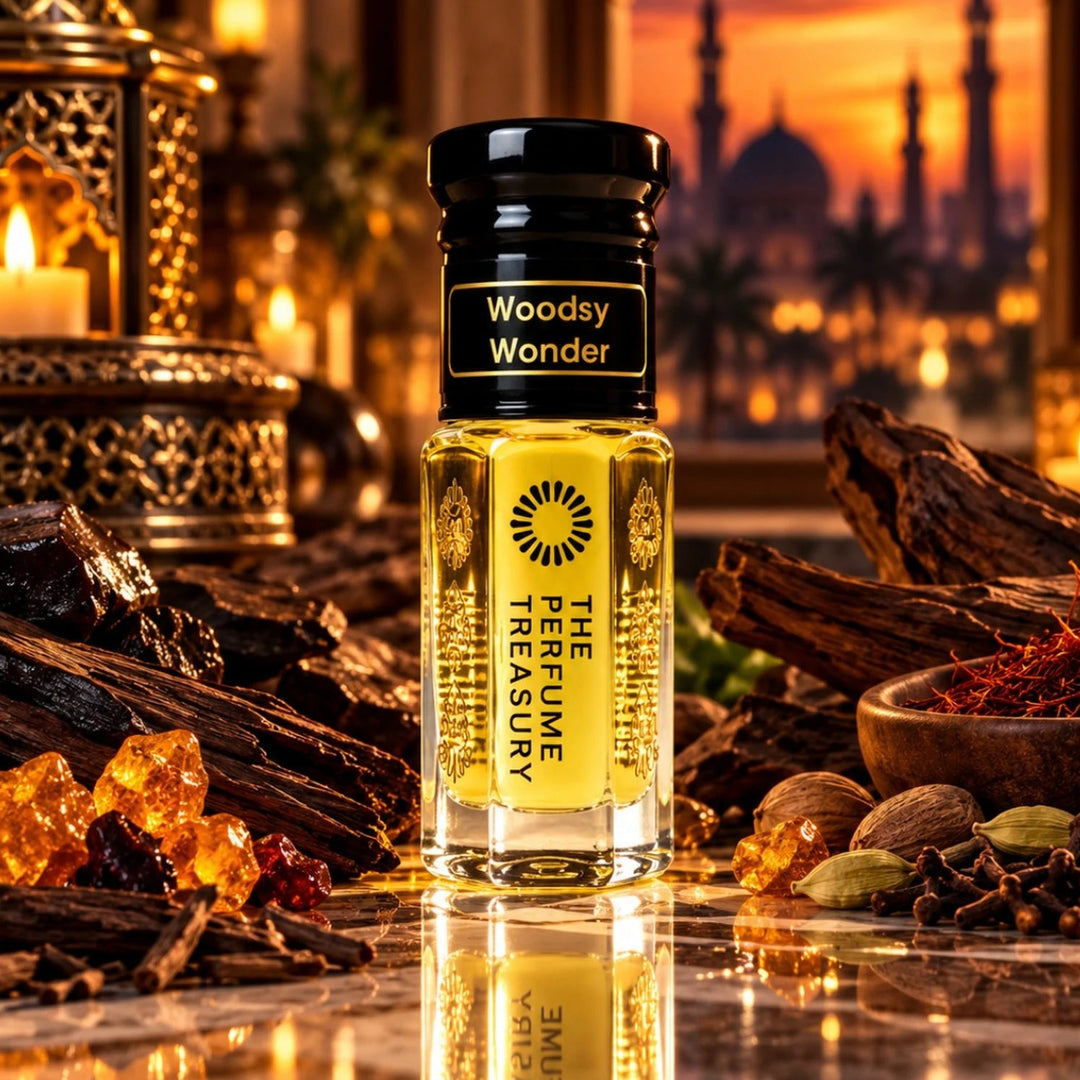 Woodsy Wonder perfume oil by The Perfume Treasury displayed with rich woods, amber, spices and incense in a warm luxury setting