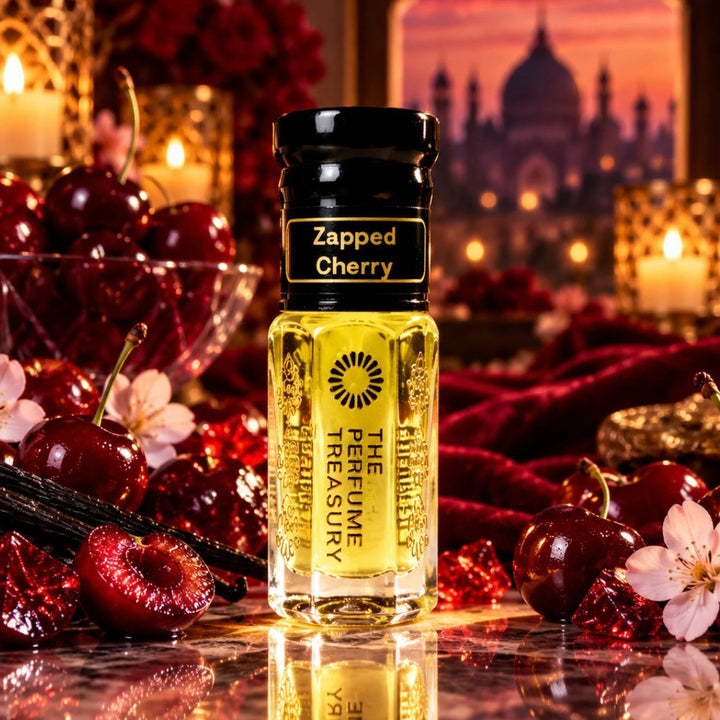 Zapped Cherry perfume oil by The Perfume Treasury displayed with ripe cherries, cherry blossom and vanilla in a rich luxury setting